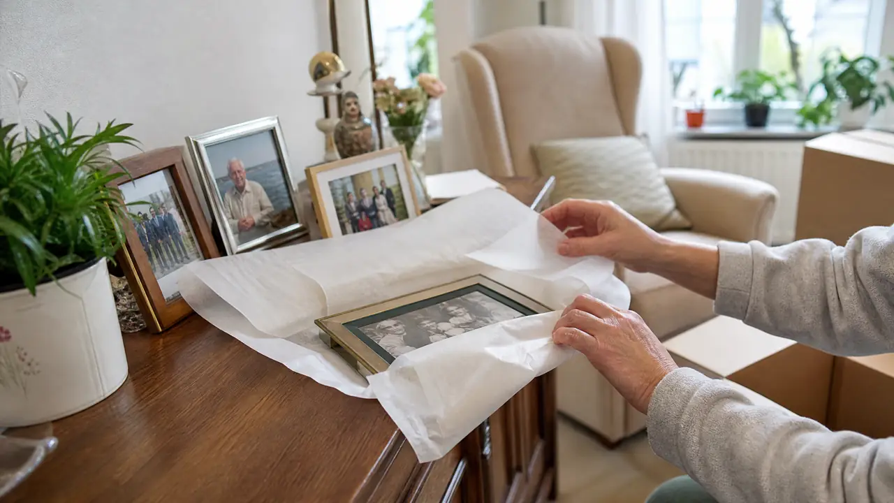 Hände wickeln gerahmte Familienfotos auf einer Holzkommode in Packpapier, dahinter ein Ohrensessel und Zimmerpflanzen